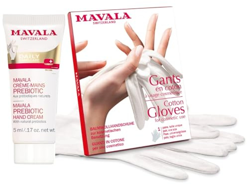 Mavala Crème Mains Prébiotic & Mavala Gants Coton – Lot de 2 Soins Mains – Hydrate, Répare & Protège les Mains Sèches avec Action Renforcée Pendant la Nuit