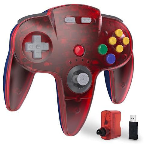 miadore Wireless Switch N64 Controller For Switch 1/2/OLED/Lite/N64 Console | PC Controller with 2.4GHz USB & N64 Receiver,Plug & Play,Built-in Rumble,For Switch NSO,PC,Mac OS,Raspberry PI (Clear Red)