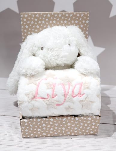 BotoBaby® - Geschenk-Set - Babydecke mit Namen und Geburtsdatum + Plüschtier - Geschenk Taufe Geburt Baby-Shower (Creme - Hase)