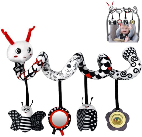 Elyyapt Car Seat Toys for Babies 0-6 Months, Spiral Pram Toys Wrap Around Pushchair Stroller Activity Black White Baby Spiral Plush Toy High Contrast Newborn Toy with 4 Pendant Hanging Boys Girls Gift