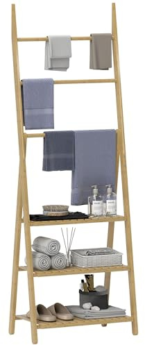 HOMCOM Étagère Salle de Bain en Bambou Pliable 3 Niveaux au Sol étagère à échelle avec Porte-Serviettes, présentoir de Plantes pour Salon, Salle à Manger, Balcon, 53,5x30x153cm, Effet Bois Naturel