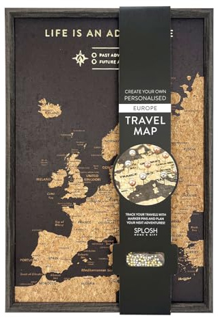 Splosh XL-Europa-Reisekarte mit 100 Pins - Schwarz, 45 x 31 cm | Gerahmte Kork-Pinnwand für den Schreibtisch mit 100 Pins in 3 Farben zum Markieren Ihrer Abenteuer.