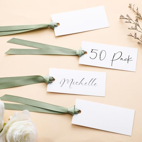 CharmeFleur 50 Pcs Name Place Cards for Table Setting Blank Wedding Place Cards with Satin Ribbon 1.57 x 3.54 Inch Hanging Gift Tags for Wedding Dinner Banquet Party Table Setting Supplies(Sage Green)