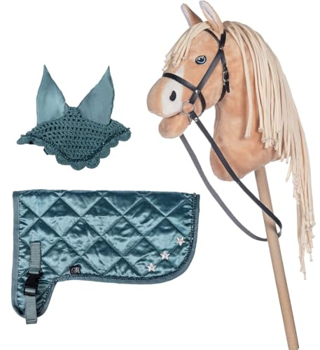 Brama West HKM Hobby Horse Set – Steckenpferd + Premium Decke & Fliegenhaube – Perfekt für Hobby Horsing & Turniere (Beige/Türkis)