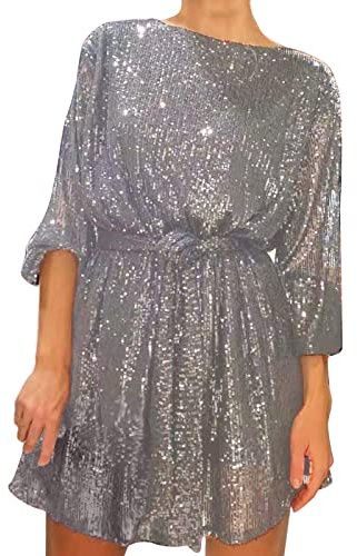 Silvester Outfit Damen Schwarz Festliche Paillettenkleid Elegant Glitzerkleid Abendkleider SexyLangarm Glitzer Kleid Party Festlich Kleider Figurbetontes Pailettenkleider Silvesterkleid (Silver, L)