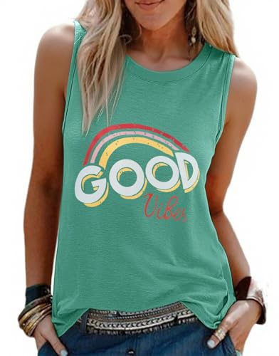 PASUDA Maglietta Donna Senza Maniche Canotta Estiva vestibilità Ampia Stampata Collo Rotondo Spalla Larga Canotte Estive Canottiera Casual Sportiva Canottiere Top Moda (Verde-Good Vibes, S)