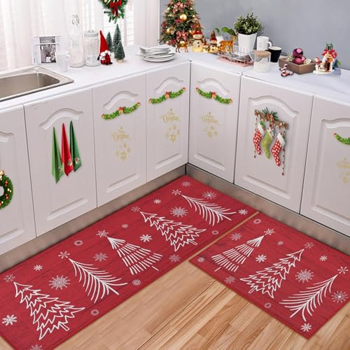 Garvee Küchenläufer Set 2-teilig Weihnachten, Küchenmatte Antirutsch Rot mit Tannenbaum Motiv, Saugfähige Teppichläufer für Küche & Flur, 40x60cm + 40x120cm, Waschbare Weihnachtsdeko