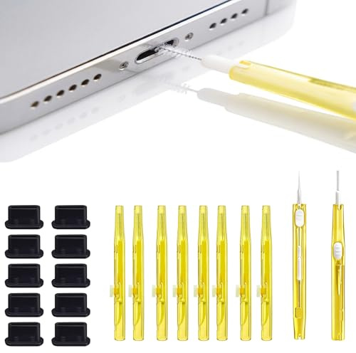 10pcs Charging Port Cleaning Kit, Phone Cleaning Kit Charging Port with Dual-Ended Yellow Brushes, USB C Cleaning Kit for Phone Port Maintenance, Includes Yellow Cleaning Brushes and Black Dust Plugs