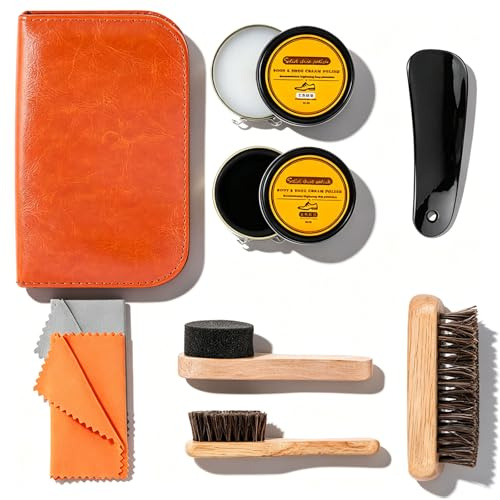 8 Pcs Shoe Polish Kit, Shoe Cleaning Kit with Black/Neutral Shoe Polish | 3 Pieces Horsehair Boots Brushes, 2Pcs Shine Cloths, Leather Care Kit for Birthday Gifts, Leather Boot Care and Cleaning