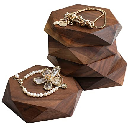 GemeShou 5 plateaux expo bijoux bois noyer vente, support bois hexagone pyramide bijoux, support expo magasin bijoux détail【Grand】