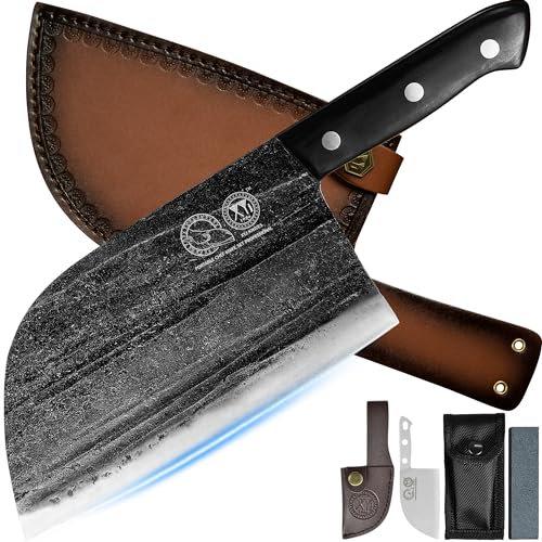 XYJ Autentico Dal 1986, eccezionale forgiatura antica, 7,5 pollici Tang pieno, coltello da cucina serbo, Cleaver macellaio di carne con guaina di cuoio, per il campeggio o all'aperto