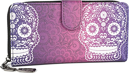 styleBREAKER Damen Geldbörse mit Sugar Skull Totenkopf Print, Reißverschluss und Druckknopf, Portemonnaie 02040150, Farbe:Violett-Weiß