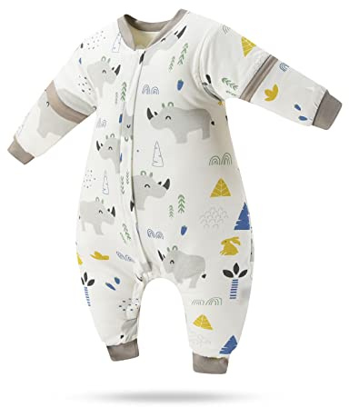 SONARIN Baby Schlafsack mit Füßen und Abnehmbare Ärmel,100% Baumwolle Babyschlafsack Weich und Warm Kinderschlafsack Winter für Kleinkinder Kinder 3 Monate bis 7 Jahre alt(Nashorn)