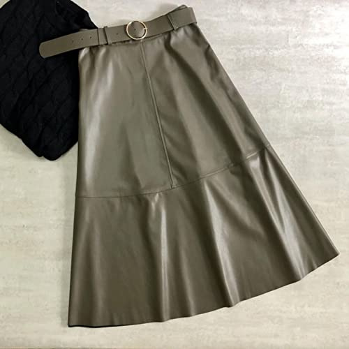 ZXCL Le Donne Vintage PU espande in Ecopelle Midi gonne in Lattice Inverno Moda a-Line a Vita Alta Cintura Nera Cintura Lunga Gonna Lunga-Army Green,L