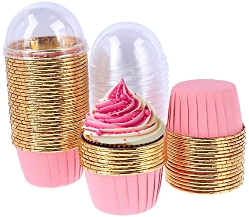LATRAT 50 moldes desechables de aluminio para cupcakes con tapa, color oro rosa, resistente al calor, antiadherente, para fiestas y celebraciones