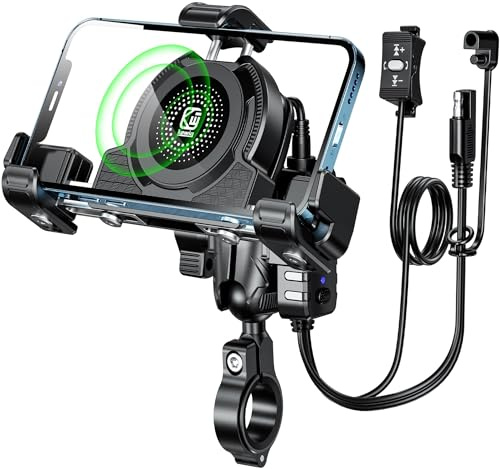Kewig Motorrad-Handyhalterung mit Qi 15 W kabellosem Ladegerät und USB C 36 W Schnellladeanschluss, keine Block-Kamera, Anti-Diebstahl-Handyhalterung, Handblebar mit Vibrationsdämpfer, passend für 5,4