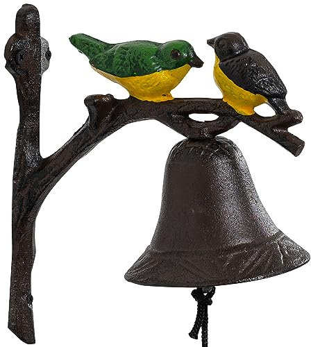 Woodside Cast Iron Door Bell with Colourful Bird Design, Classic/Antique/Vintage Style for Front Door and Garden, Decorative & Functional