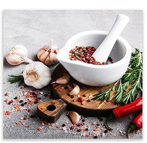SMTDeco Herdabdeckplatte 50×52 cm – ESG gehärtetes Glas, kratzfest & rutschfest – Spritzschutz & Schneidebrett – für Induktion/Ceranfeld – 1-teilig, Motiv Gewürze Weiß