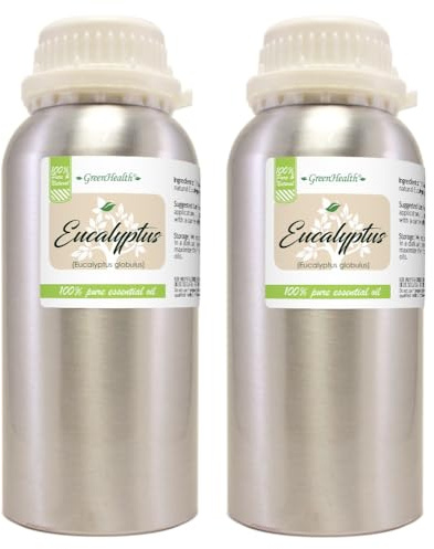 2 Bottles – GreenHealth Eucalyptus Essential Oil – 16 fl oz Each (32 fl oz Total) – 100% Pure & Uncut – Bulk Aromatherapy Oil in Aluminum Bottles – for Diffuser, Cleaning, DIY, Home Fragrance