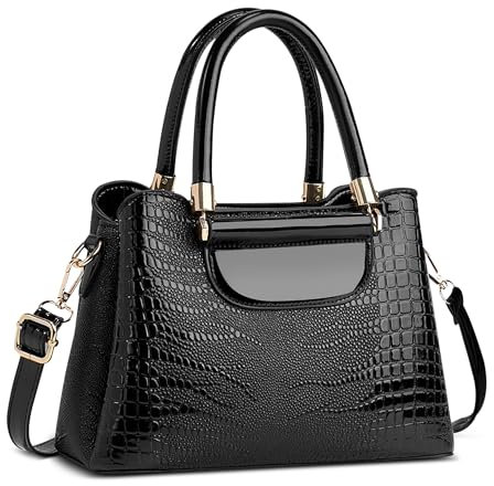FOLOVEYA Damen Handtasche Mode Krokodilmuster Frauen Henkeltaschen Umhängetasche Elegant Tote Taschen Klein Shopper Schultertasche PU Leder für Arbeiten Reisen Dating mit Viele Taschen Schwarz