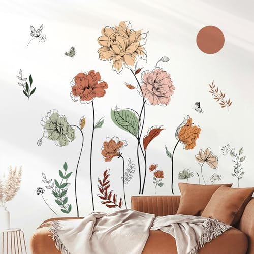 decalmile Wandtattoo Große Boho Blumen Wandaufkleber Bunte Retro Blumen Pflanzen Wandsticker Wohnzimmer Schlafzimmer Büros Wanddeko