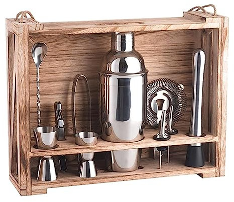 Coctelera Profesional Juego De Coctelera De 11 Piezas, Coctelera De Acero Inoxidable con Soporte De Madera Kit Coctelería