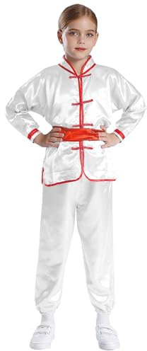 Runhomal Unisex Kinder Jogginganzug Trainingsanzug Zweiteiler Satin Kung Fu Anzug Martial Arts Tai Chi Outfit Langarm Sportshirt Jogginghose Sportbekleidung Weiß 134-140