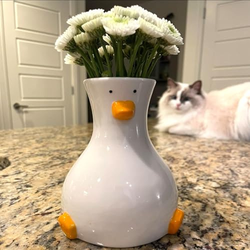 MOUGIGI Handcrafted Ceramic Duck Vase - White Modern Flower Vase with Unique Duck Design - Round Aesthetic Table Decor - Funky and Trendy Art Vase