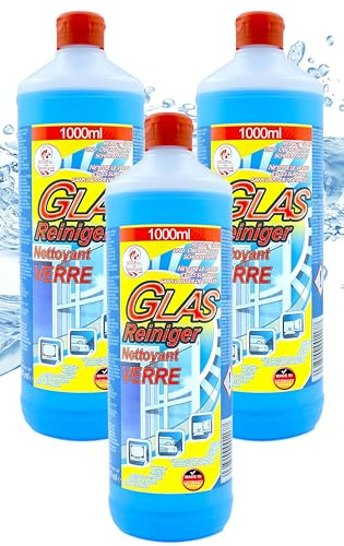 3x 1 Liter Glas Reiniger - und Oberflächenreiniger - Professioneller Fensterreiniger für streifenfreien Glanz auf Glas, Bad, Auto, Spiegel, Kacheln, Fenster und anderen Oberflächen