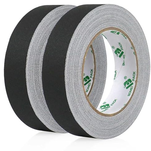 BOMEI PACK Gaff Ruban adhésif en tissu, 25 MM x 30M, 2 Pack Mat Chiffon Tuban Adhésif, Gaffers Tape pour Câbles, Photographie (Noir)