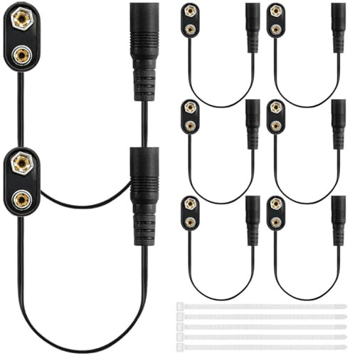 MKBKLLJY 8Pcs 9V Battery Connector Clip Power Cable Snap Jack Male Snap Clip Adapter Holder with 2.1mmx5.5mm Plastic Male I-Type DC Female Plug Converter and Cable Ties for Plug Arduino LED Strip
