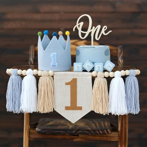 Baby First Birthday Party Decorations Blue High Chair Banner Crown Cake Topper First Birthday Party Decorations