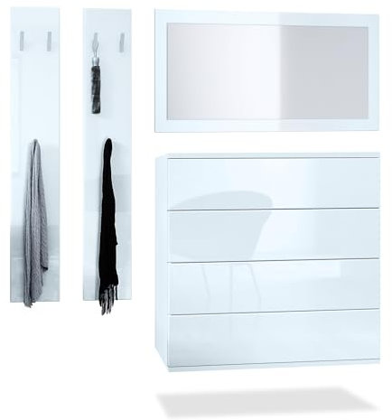 Vladon Garderoben-Set Hollywood, bestehend aus 1 Kommode mit 4 Schubkästen, 1 Spiegel und 1 Wandpaneel Set, Weiß matt/Weiß Hochglanz