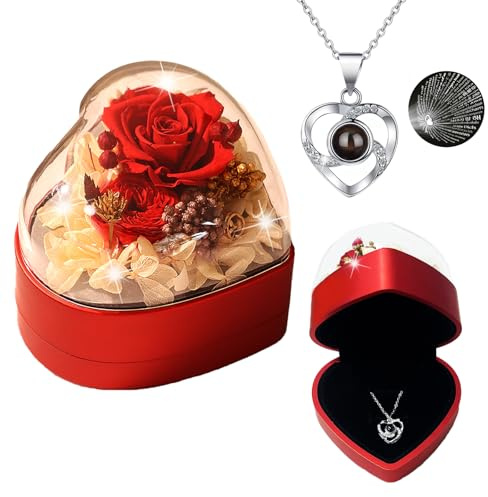 Plusupon Red Preserved Real Rose for Her Women,Wife, Mum, Handmade Eternal Rose Gift Box with I Love You Necklace in 100 Languages, Christmas Anniversary Birthday Valentine's Day