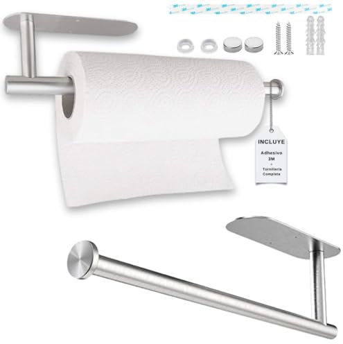 VIMACSA Portarrollos Papel Cocina Acero Inoxidable | Soporte Papel Higiénico y Dispensador Film | Instalación sin Taladro con Adhesivo 3M o Tornillos | Antióxido | Ahorra Espacio