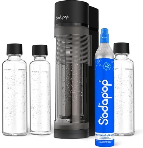 Sodapop Wassersprudler Logan, inkl. 3 Glasflaschen (2x 850 & 1x 600 ml) und 1x CO₂-Zylinder, Starterset, Matt Schwarz, Höhe 42,6 cm