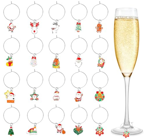 SRIZIAN 20PCS Christmas Wine Glass Charms, Wine Glass Markers Wine Glass Identification Tags Drink Labels for Stem Glasses Cups Party Decorations