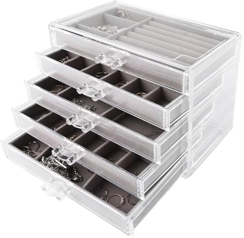 YOUNTHYE Schmuckaufbewahrung Schublade Mit 5 Schubladen,Grau Acryl Schmuckschatulle Halsketten Ohrringe Organizer Aufbewahrungsbox für Armbänder, Ringe Und Ohrstecker