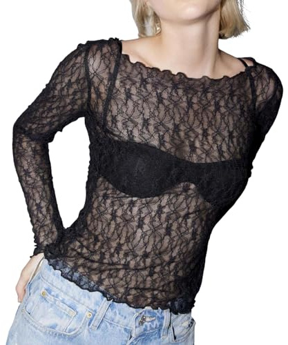 2026 Top de encaje de manga larga para mujer, parte superior de malla transparente con corte floral y hombros descubiertos, Negro , S