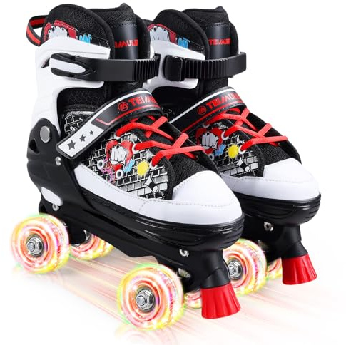 Kids Roller Skates, 4 Size Adjustable Quad Skates with All Light Up Wheels, 10C to 8 Rollerskates for Toddlers, Beginners, Boys, Girls, Outdoor, Indoor, Black, Medium