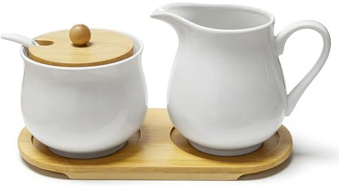 Yunlaishaocer Milch und Zucker Set Keramik mit Deckel, Milchkännchen und Zuckerdose auf Holztablett – Stilvolles Kaffee Tee Service, Mikrowellen- & Spülmaschinenfest (Weiß)