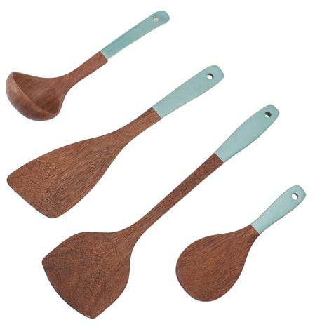 Karlak Cucharón de Madera para Cocinar, Juego de Utensilios de Cocina, Espátula para Cuchara Sopera, Orificio para Colgar, Ideal para Chefs Principiantes (B)