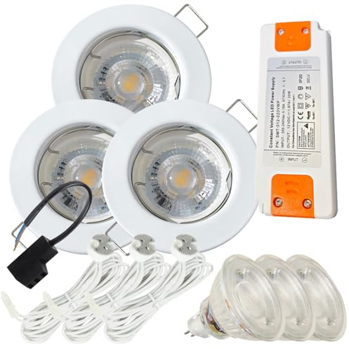 3er Set LED Einbaustrahler Tom 12V 5W - Rahmen in Weiß - 4000K Neutralweiß, 400 lm - mit Trafo, Verteiler und MR16-Fassungen inkl. 120 cm Kabel - Für den Austausch bestehender Halogenspots