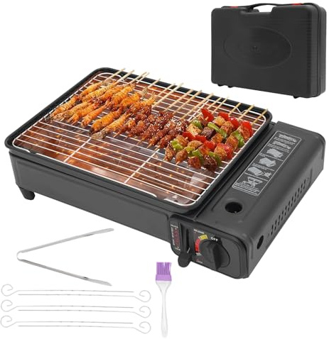 Camping Gasgrill, 2200w Tragbarer Grill Set, Tischgrill mit 6 Bratnadeln,2 Grillnetz und Koffer, Campingkocher mit Piezo-Zündung und Herausnehmbarer Abtropfschale, für Campingausflüge, Zusammenkünfte