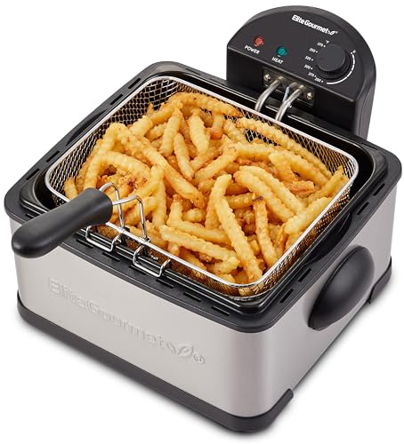 Elite Gourmet EDF475 Electric Deep Fryer 4.2 Quart Oil Capacity with Temperature Knob, 1 x 4Qt Basket, Powerful 1700 Watts, Lid with Anti-Odor Filter & Viewing Window, Stainless Steel