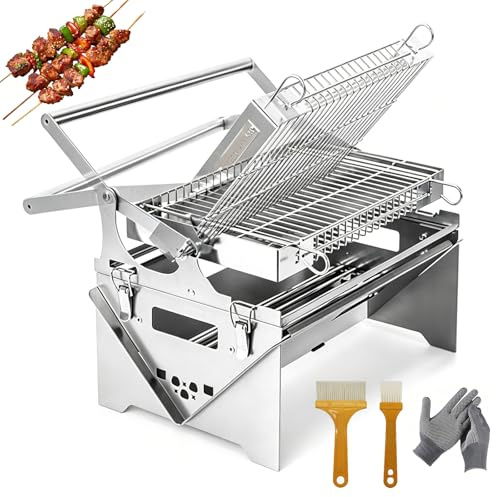 Parrilla Barbacoa Abatible, Parrilla Giratoria de Carbón de Acero Inoxidable con Cepillos y Guantes, Doble Cara Plegable y Desmontable, Parrilla de Carbón Portátil para BBQ Exterior, Jardín, Fiesta