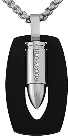 Hanessa Personalisierte Kette mit Gravur Edelstahl 50 cm mit Anhänger Pistolen Kugel  Patrone in silber schwarz - Personalisierte Halskette für Männer Frauen - Personalisierter Schmuck Damen Herren