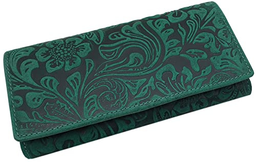 Große Vollrindleder Damen Geldbörse/Geldbeutel/Portemonnaie/Geldtasche/Portmonee mit Lianen Prägung oder ohne Prägung und RFID & NFC Schutz inkl. Nähset (Mit Lianen Prägung/Petrol)