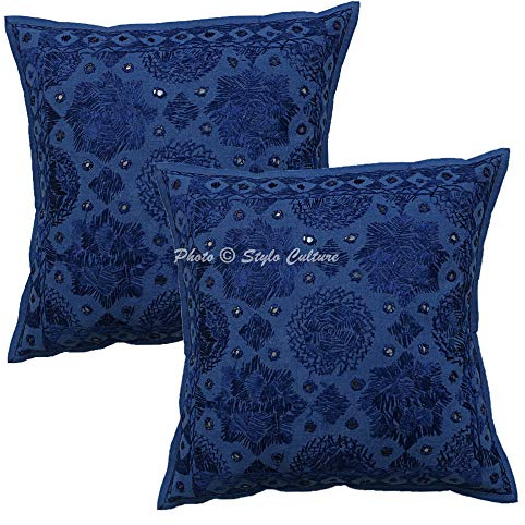 Stylo Culture Décoratif Indienne Housse De Coussin Canapé 40 x 40 cm Coton Bleu Brodé en Miroir Carré Fermeture Enveloppe 16x16 inch Bohème Ethnique Taies d'oreiller Chambre - 2 Pièces