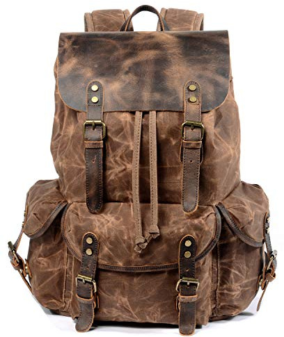 WUDON Leather Backpack for Men, Waxed Canvas Shoulder Rucksack Carry-On Travel Backpack